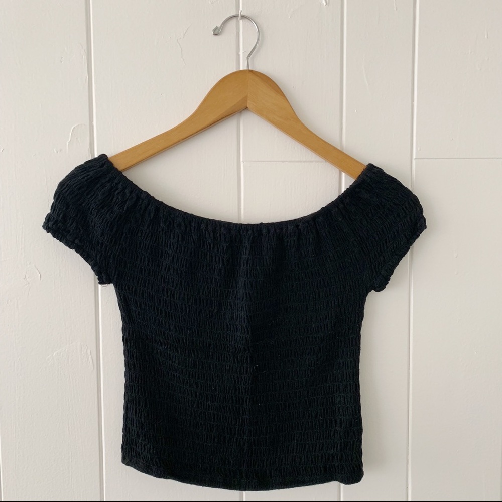 Black Smocked Off the Shoulder Crop Top